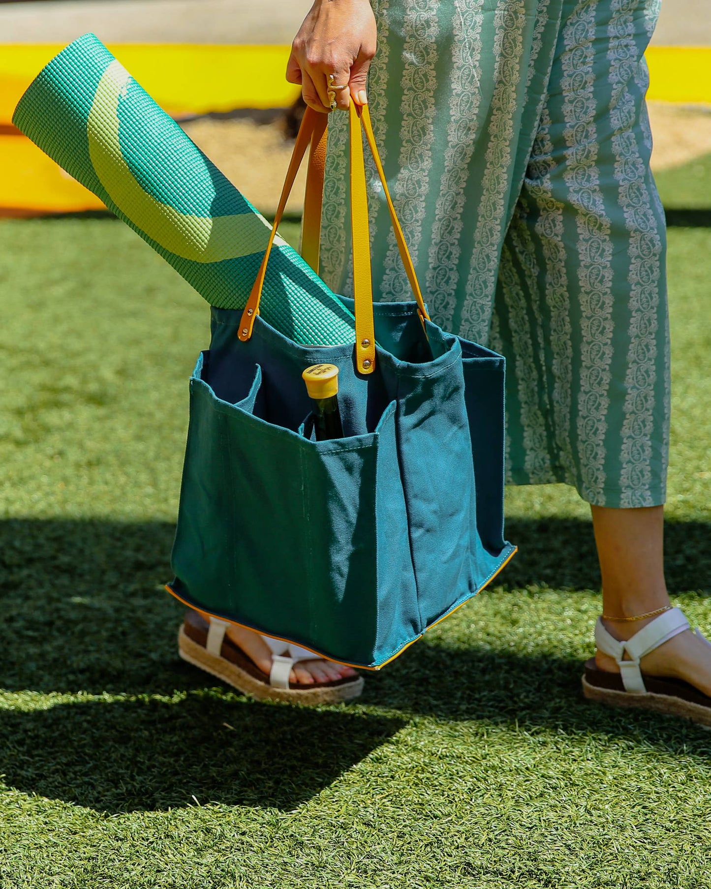 Heavy Canvas Tote Bag | Reusable Multi-Pocket Market Tote : Petrol Blue with Mustard Handles and Base
