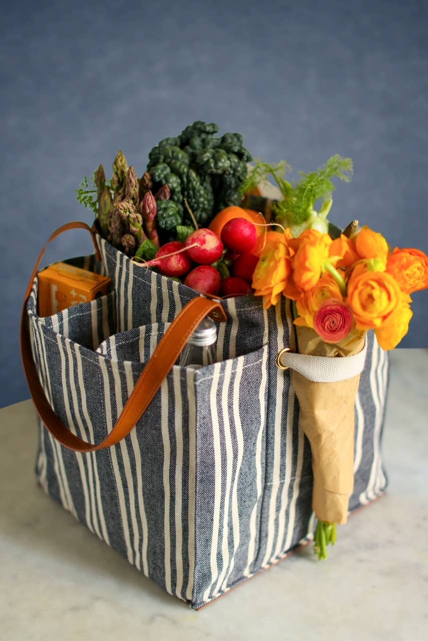 Heavy Canvas Tote Bag | Reusable Multi-Pocket Market Tote : Petrol Blue with Mustard Handles and Base