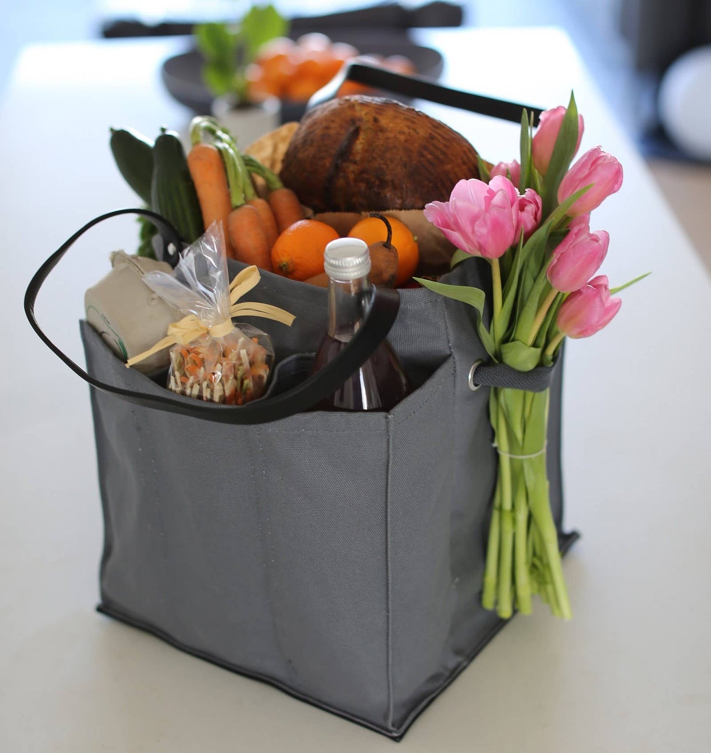 Heavy Canvas Tote Bag | Reusable Multi-Pocket Market Tote : Petrol Blue with Mustard Handles and Base