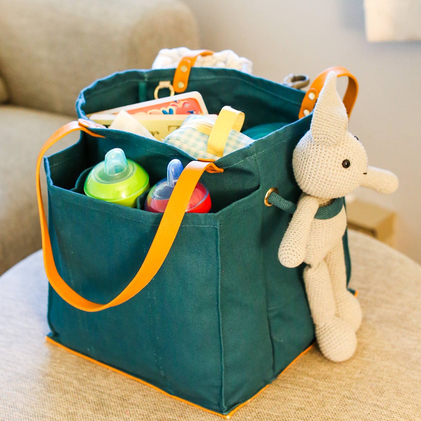 Heavy Canvas Tote Bag | Reusable Multi-Pocket Market Tote : Petrol Blue with Mustard Handles and Base