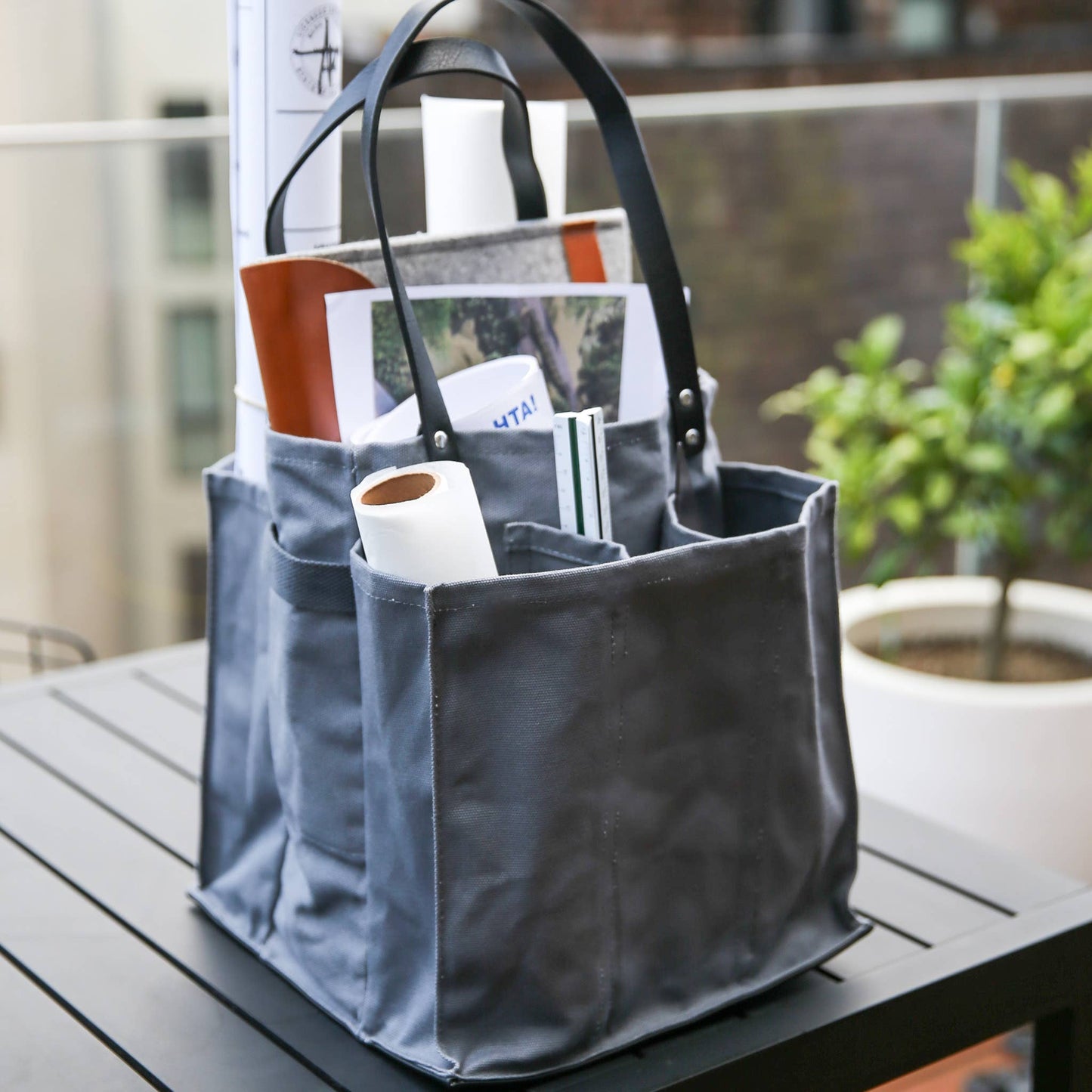 Heavy Canvas Tote Bag | Reusable Multi-Pocket Market Tote : Petrol Blue with Mustard Handles and Base