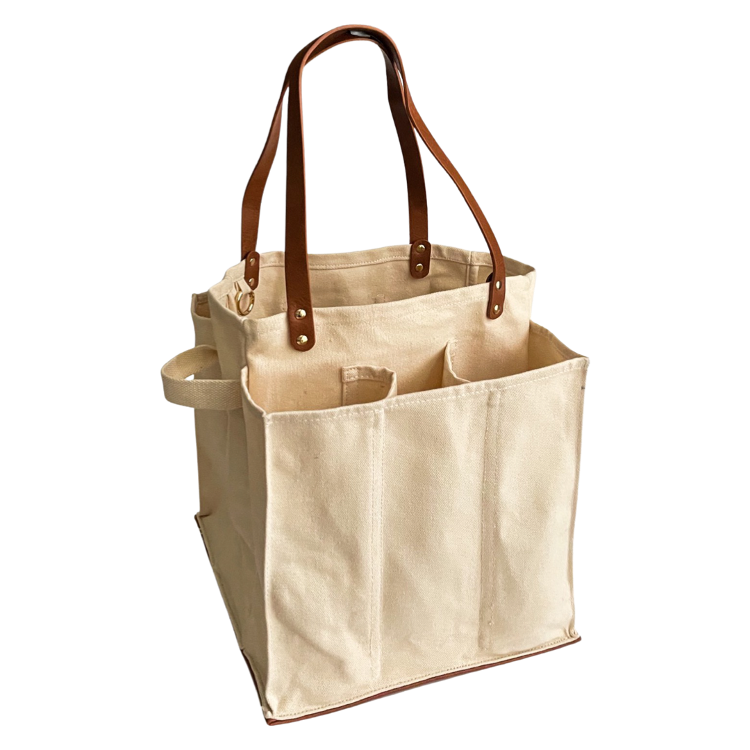 Heavy Canvas Tote Bag | Reusable Multi-Pocket Market Tote : Petrol Blue with Mustard Handles and Base