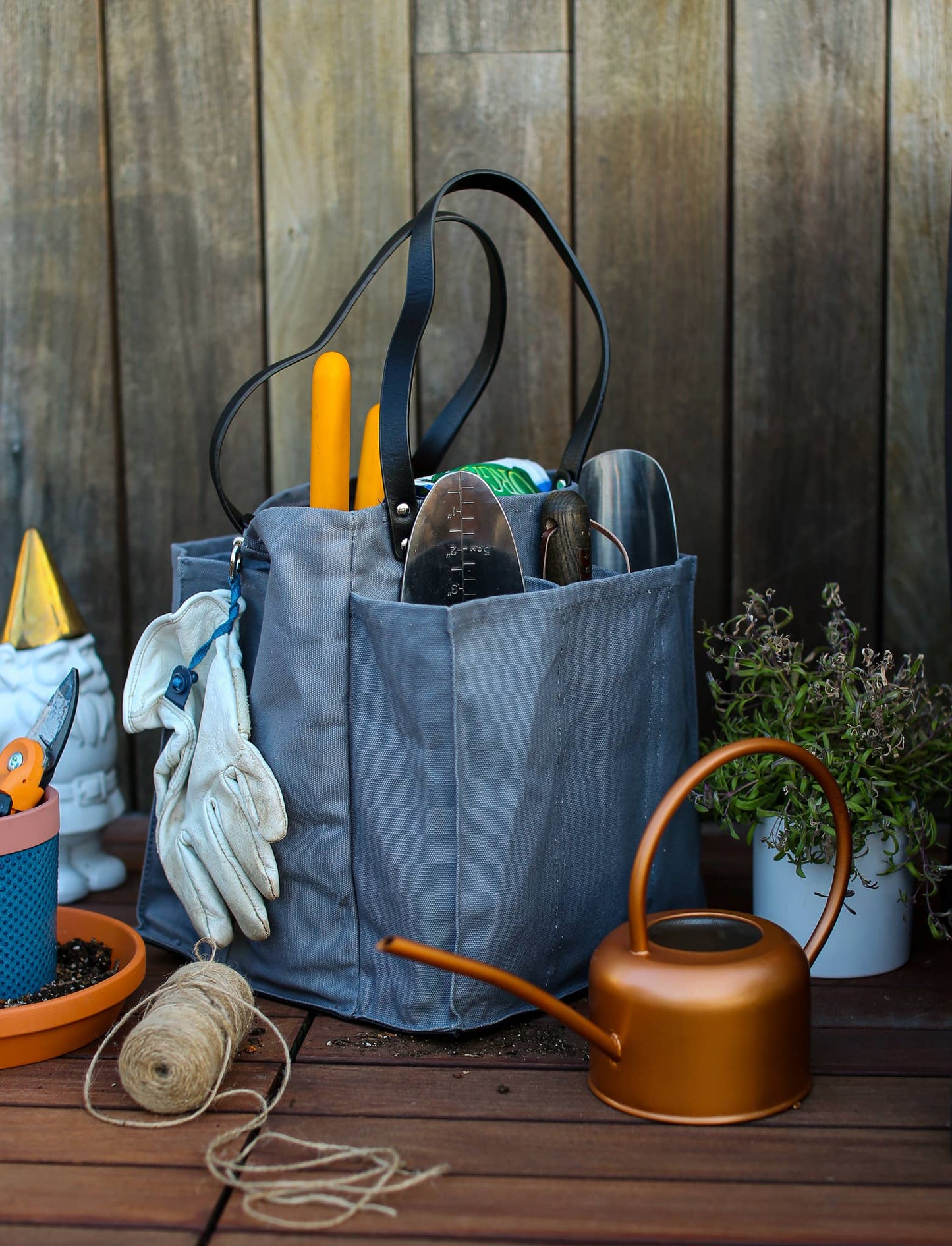 Heavy Canvas Tote Bag | Reusable Multi-Pocket Market Tote : Petrol Blue with Mustard Handles and Base