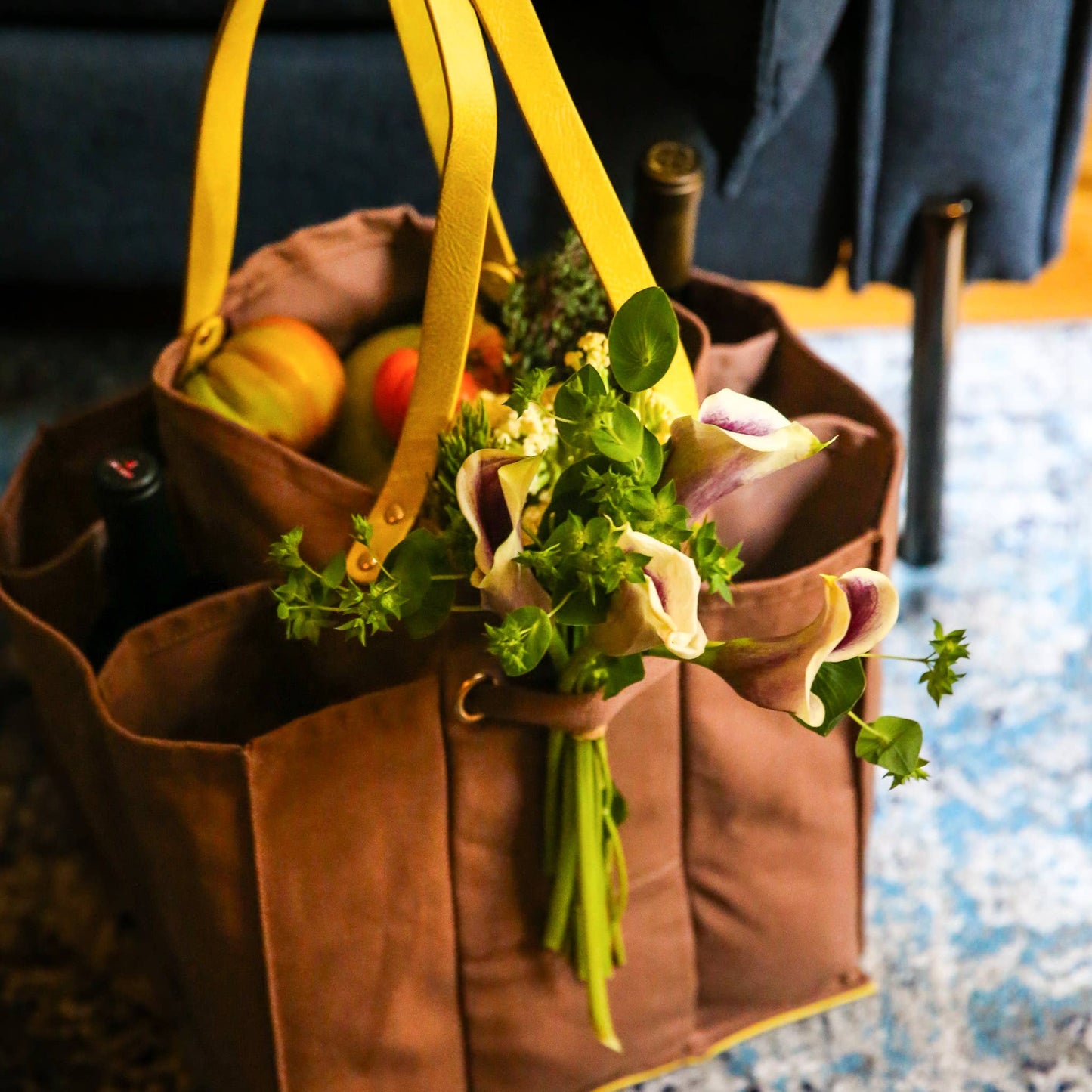 Heavy Canvas Tote Bag | Reusable Multi-Pocket Market Tote : Petrol Blue with Mustard Handles and Base
