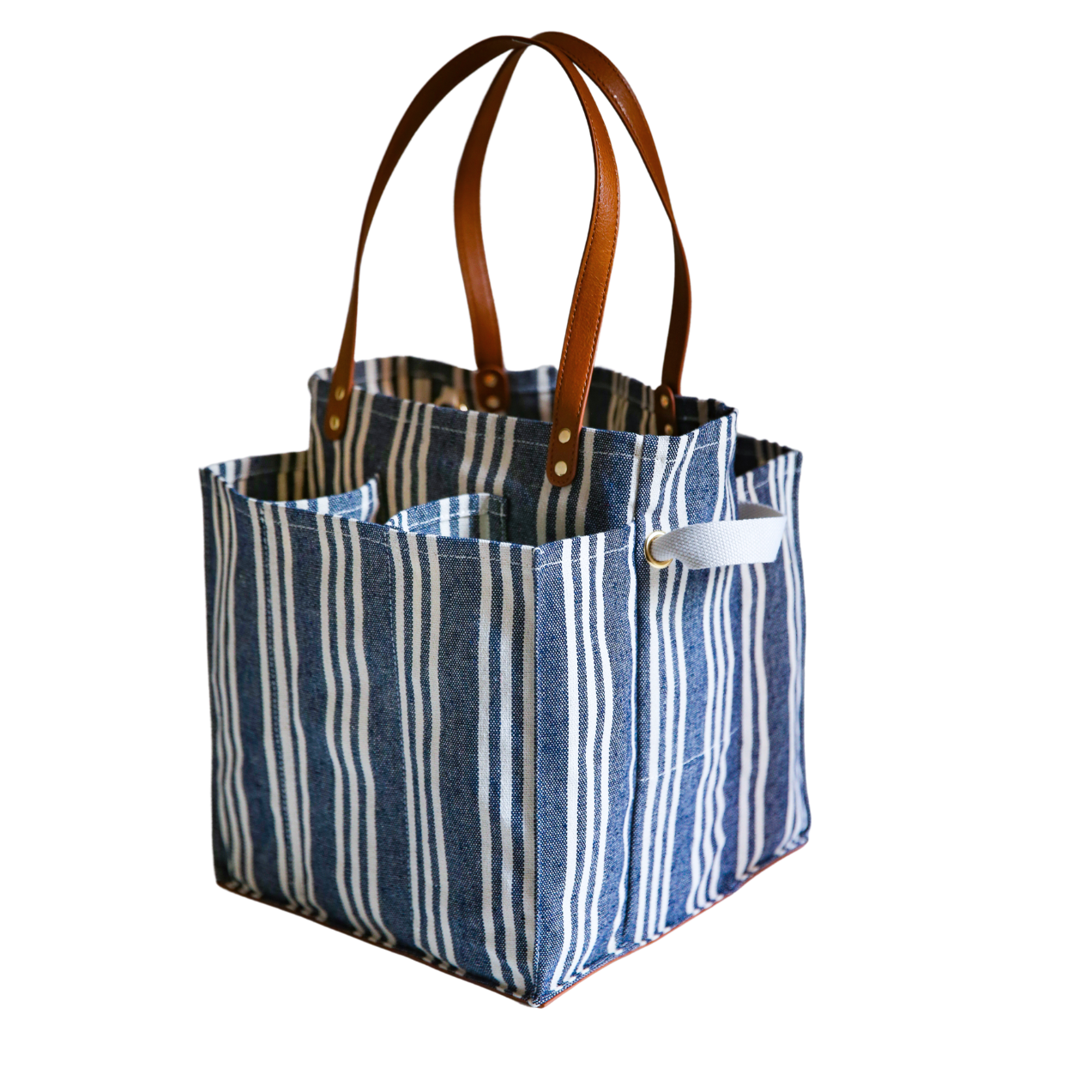 Heavy Canvas Tote Bag | Reusable Multi-Pocket Market Tote : Petrol Blue with Mustard Handles and Base