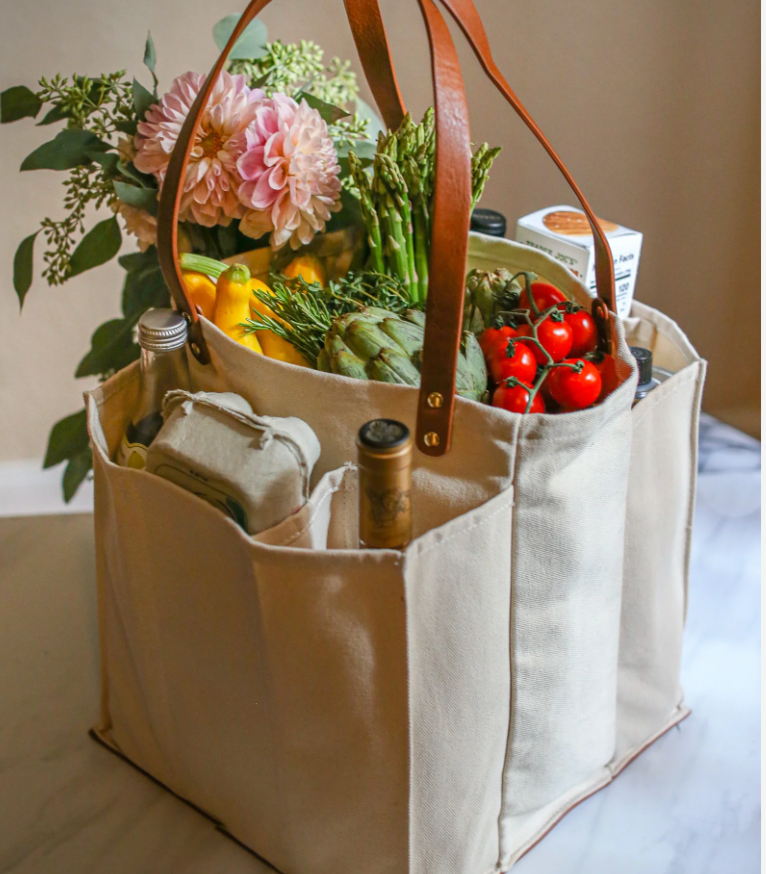 Heavy Canvas Tote Bag | Reusable Multi-Pocket Market Tote : Petrol Blue with Mustard Handles and Base