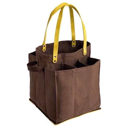 Heavy Canvas Tote Bag | Reusable Multi-Pocket Market Tote : Petrol Blue with Mustard Handles and Base