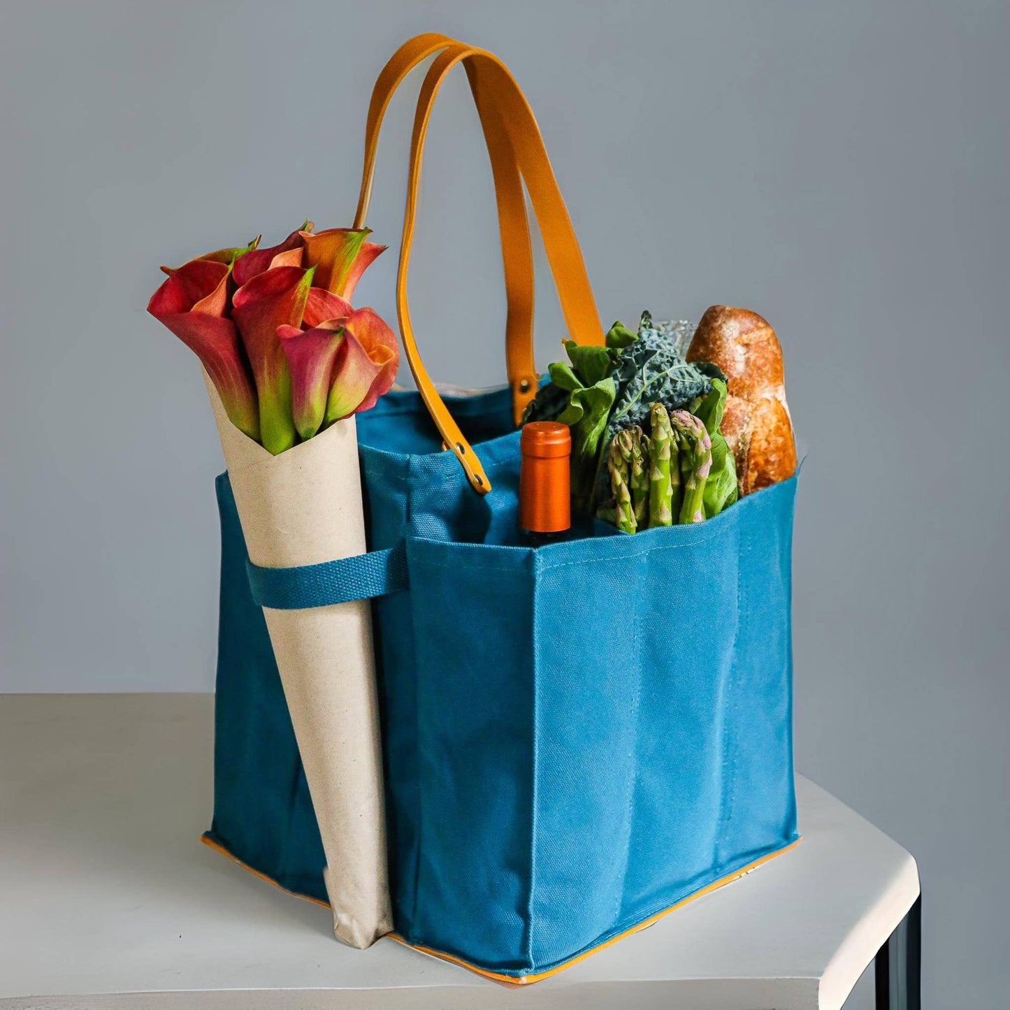Heavy Canvas Tote Bag | Reusable Multi-Pocket Market Tote : Petrol Blue with Mustard Handles and Base