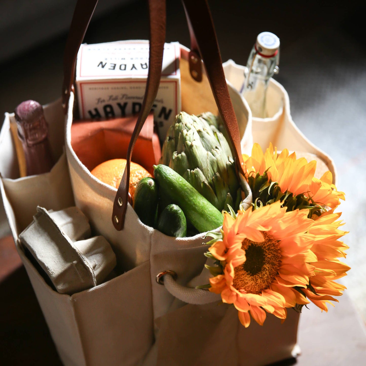 Heavy Canvas Tote Bag | Reusable Multi-Pocket Market Tote : Petrol Blue with Mustard Handles and Base
