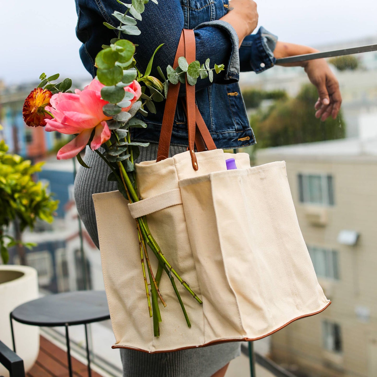 Heavy Canvas Tote Bag | Reusable Multi-Pocket Market Tote : Petrol Blue with Mustard Handles and Base