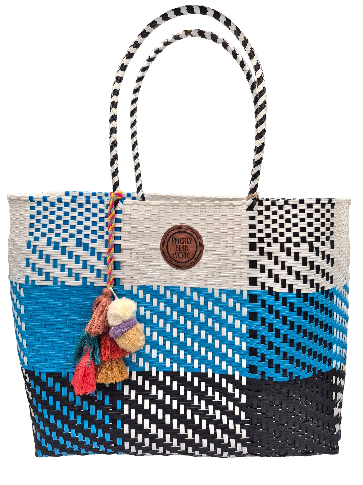 Santa Ana Large Handwoven Tote: Plaid-Blue/White/Black