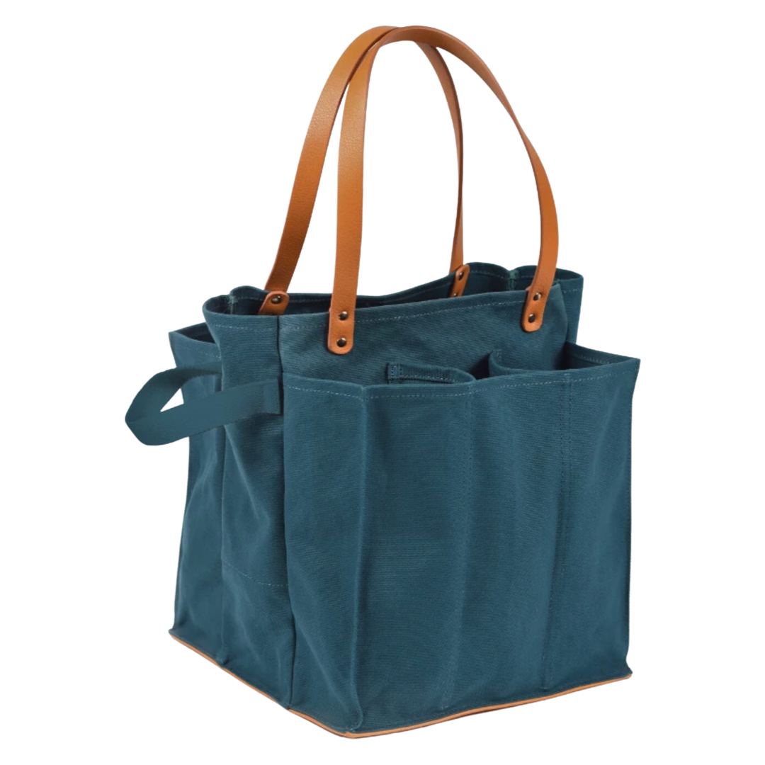Heavy Canvas Tote Bag | Reusable Multi-Pocket Market Tote : Petrol Blue with Mustard Handles and Base