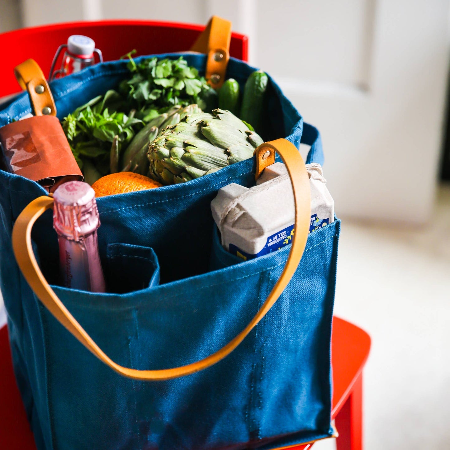 Heavy Canvas Tote Bag | Reusable Multi-Pocket Market Tote : Petrol Blue with Mustard Handles and Base