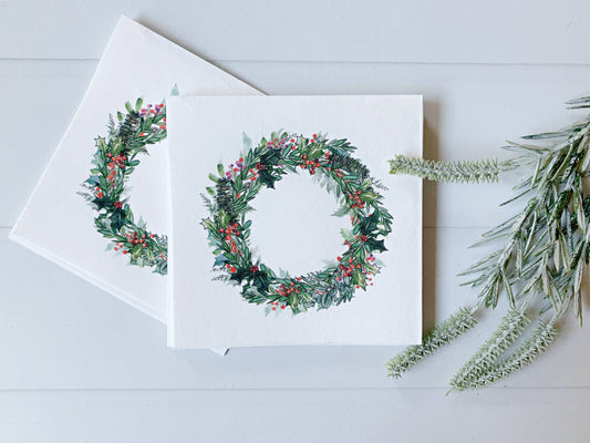 Holly Wreath Christmas Cocktail Napkins | Set of 16