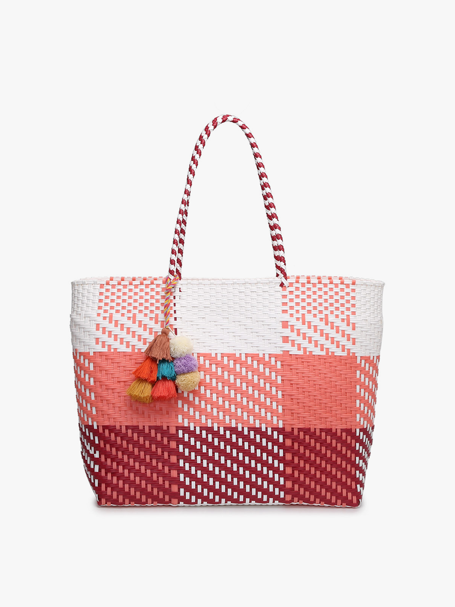 Santa Ana Large Handwoven Tote: Plaid-Pink/Red/White