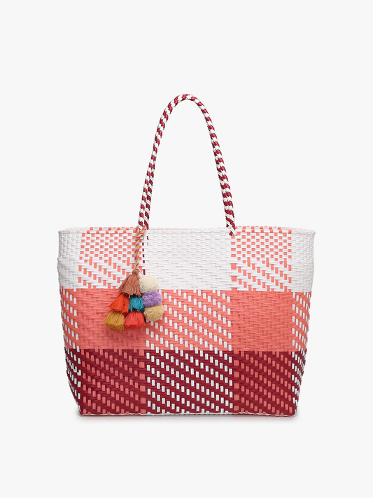 Santa Ana Large Handwoven Tote: Plaid-Pink/Red/White