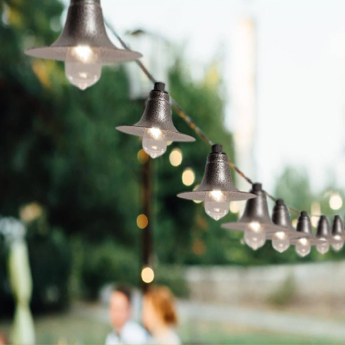Electric String Lights With 10 Hammered Gray Metal Shades