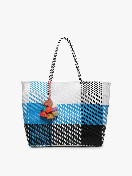 Santa Ana Large Handwoven Tote: Plaid-Blue/White/Black