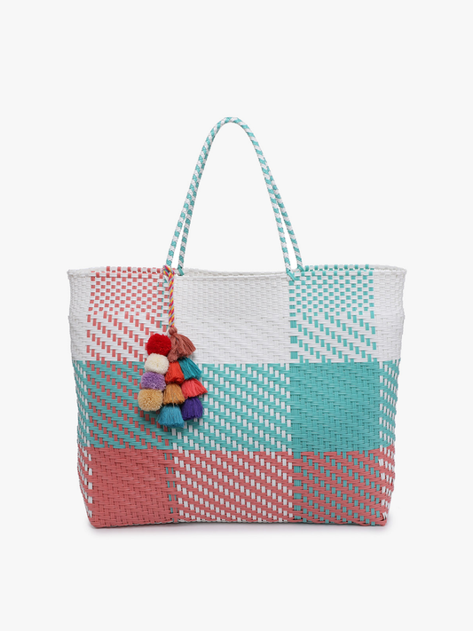 Santa Ana Large Handwoven Tote: Plaid-Turquoise/Pink