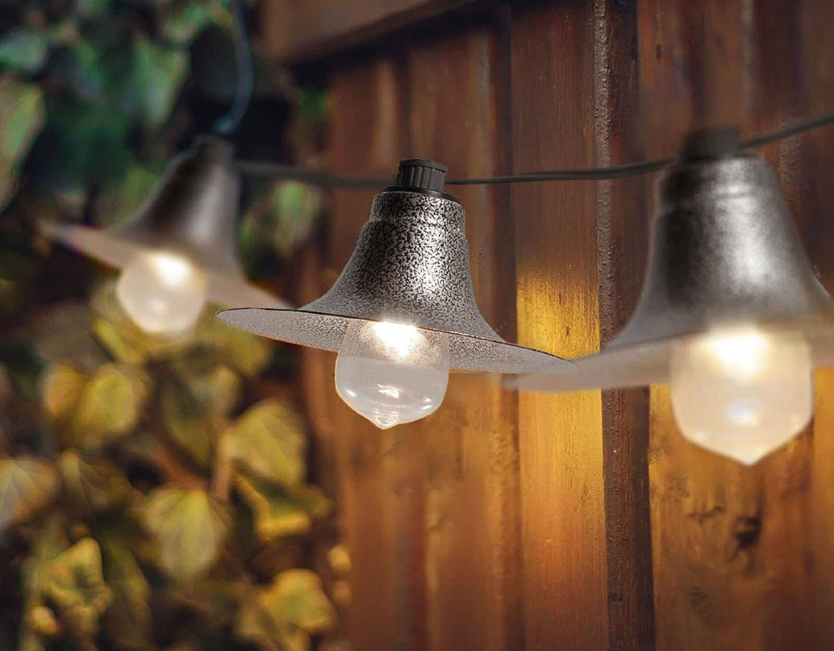 Electric String Lights With 10 Hammered Gray Metal Shades