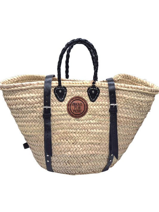 Palmetto French Market Basket Bag - Backpack with Leather Strap: Black