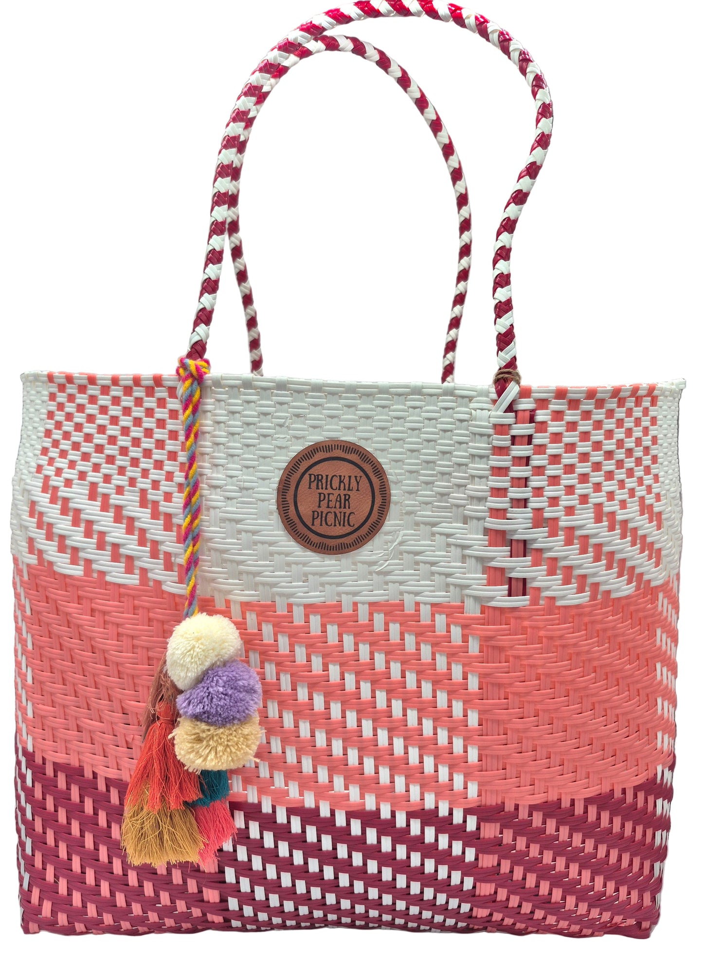 Santa Ana Large Handwoven Tote: Plaid-Pink/Red/White