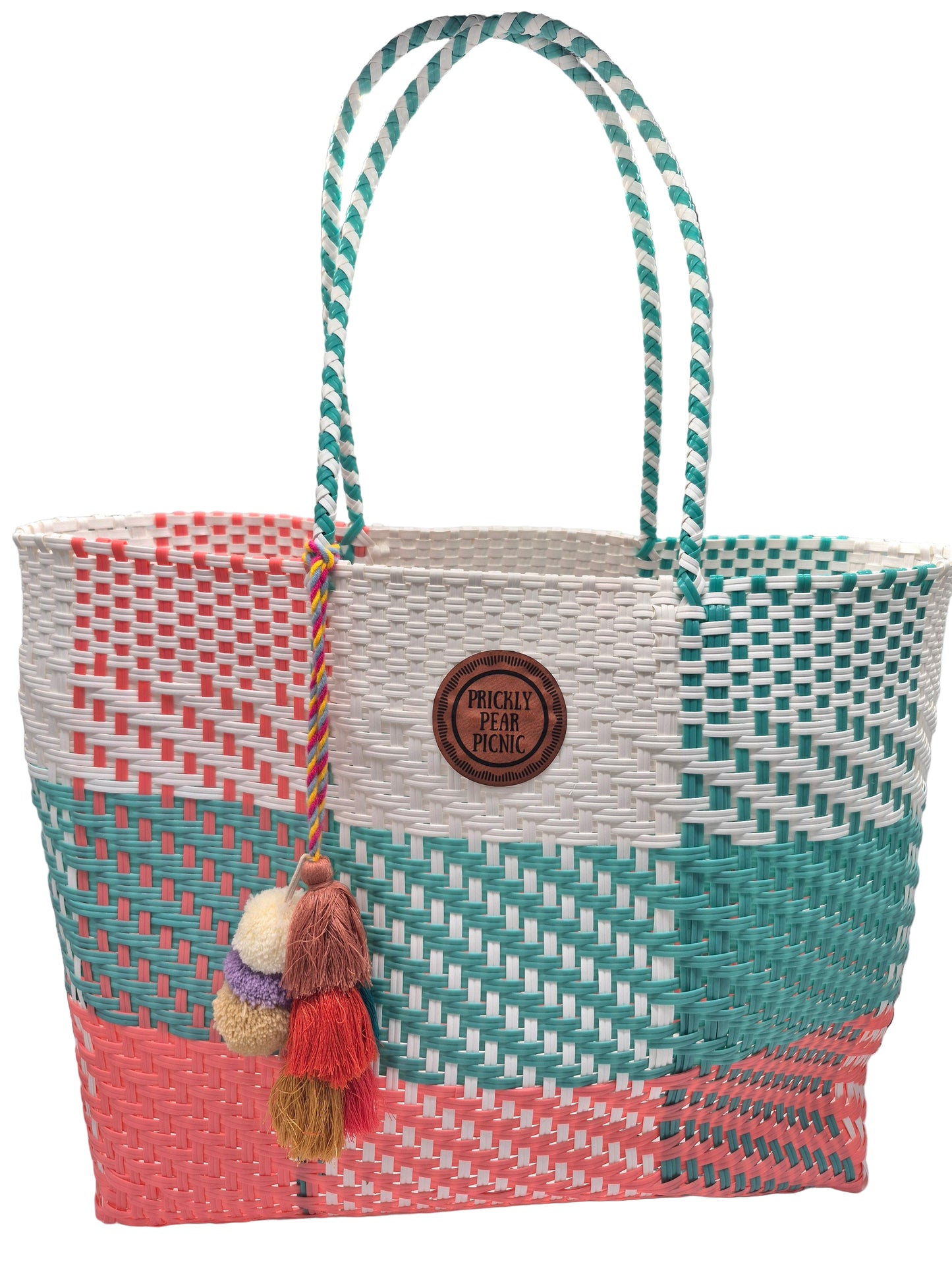 Santa Ana Large Handwoven Tote: Plaid-Turquoise/Pink